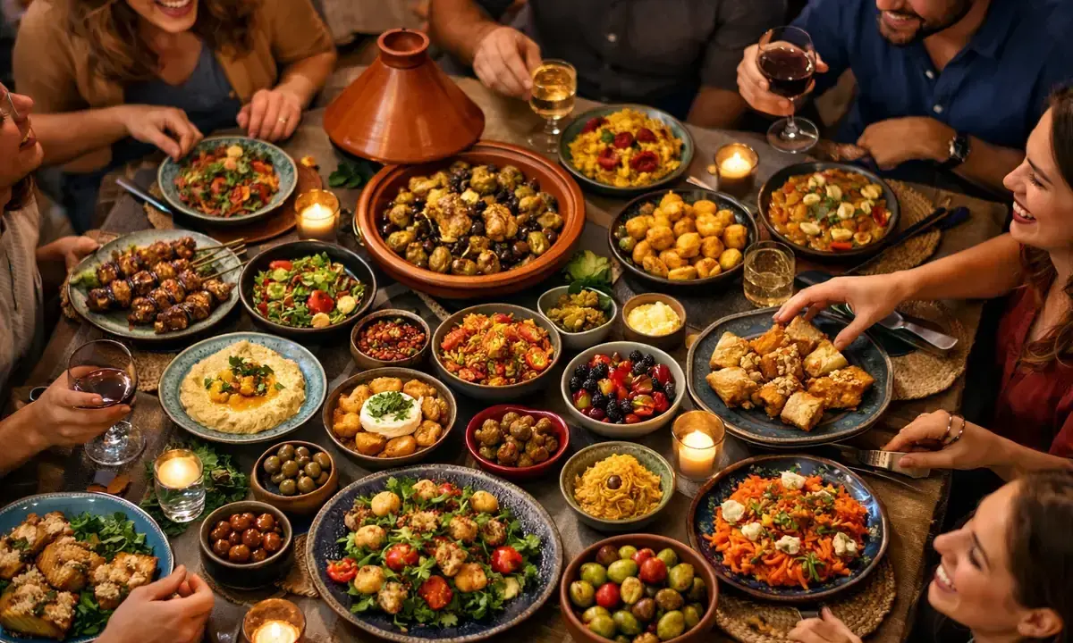 Un joyeux repas d'été entre amis, avec une table débordante de plats variés : brochettes, salades, tajine, houmous et fruits.