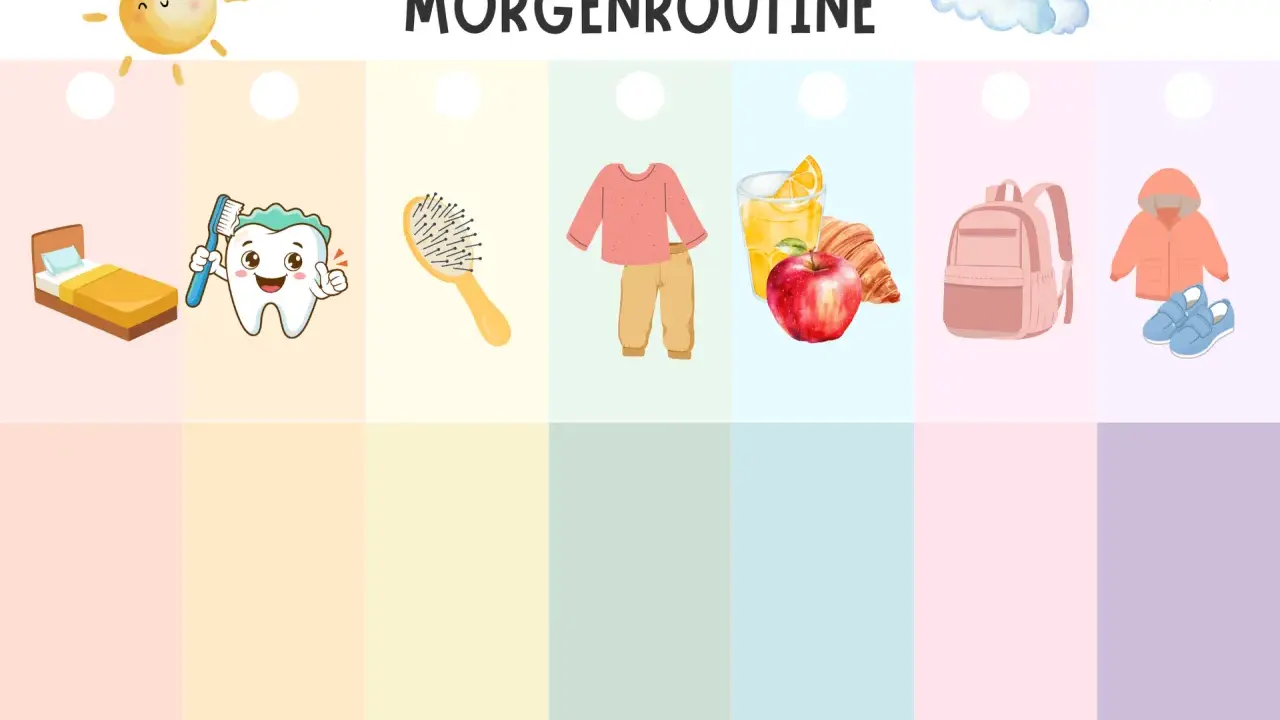 Morgenroutine: Bett, Zähne putzen, Haare kämmen, Kleidung anziehen, Frühstück, Rucksack packen, Jacke und Schuhe. Ein Kind will sich nicht anziehen.