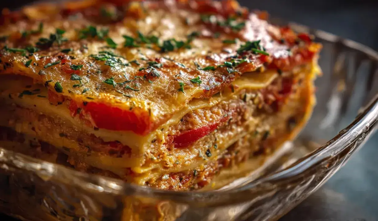 En saftig vegetarisk lasagne med lager av pasta, tomatsås och ost, toppad med färska örter.