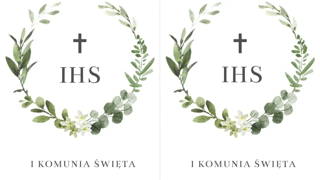 Wzór zaproszenia na komunię do wydrukowania. Delikatny wianek z zielonych liści i białych kwiatów otacza symbol IHS i krzyż.