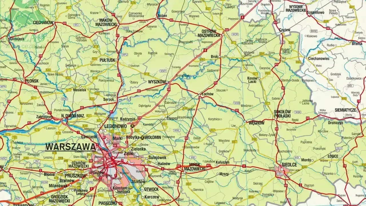Mapa drogowa województwa warszawskiego z zaznaczonymi miastami i drogami.