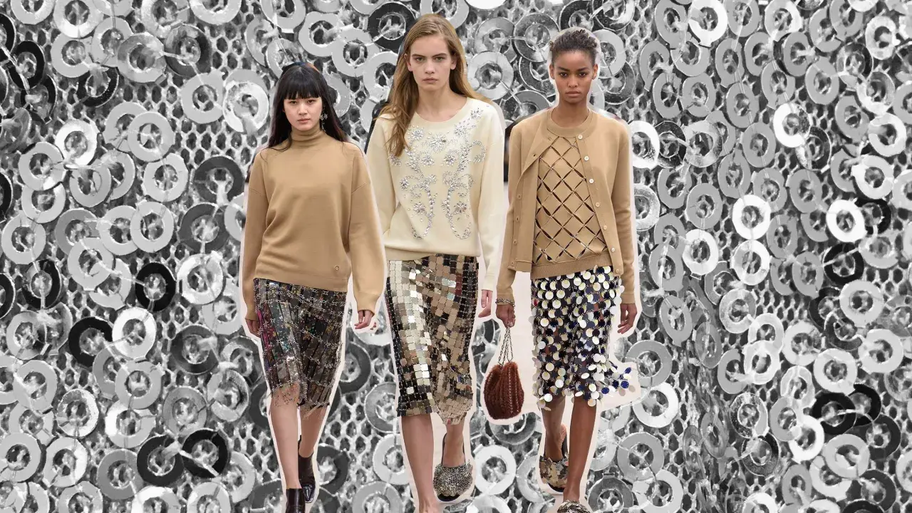 Drei Models präsentieren verschiedene Wege, einen pailletten rock zu kombinieren: mit Strickpullover, Cardigan oder einem schlichten Rollkragen.