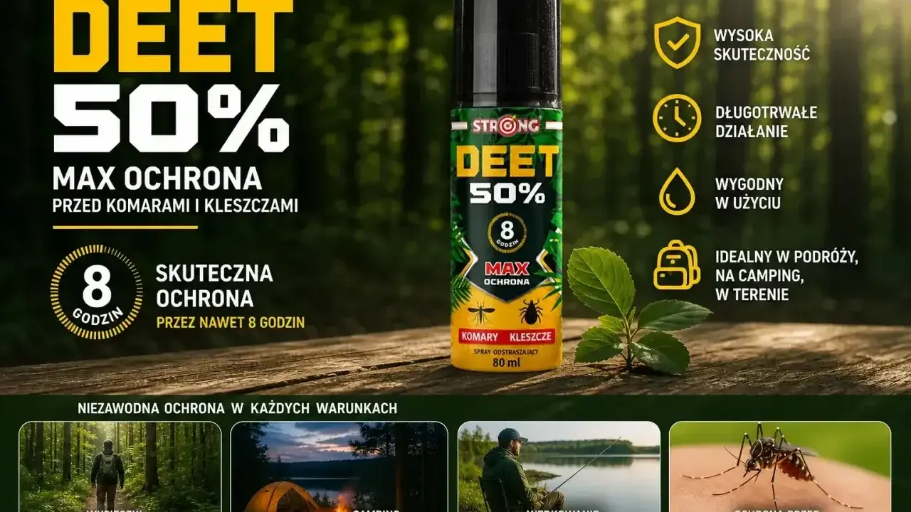 Spray DEET 50% to max ochrona przed komarami i kleszczami, działający do 8 godzin. Idealny na wycieczki, camping i wędkowanie.