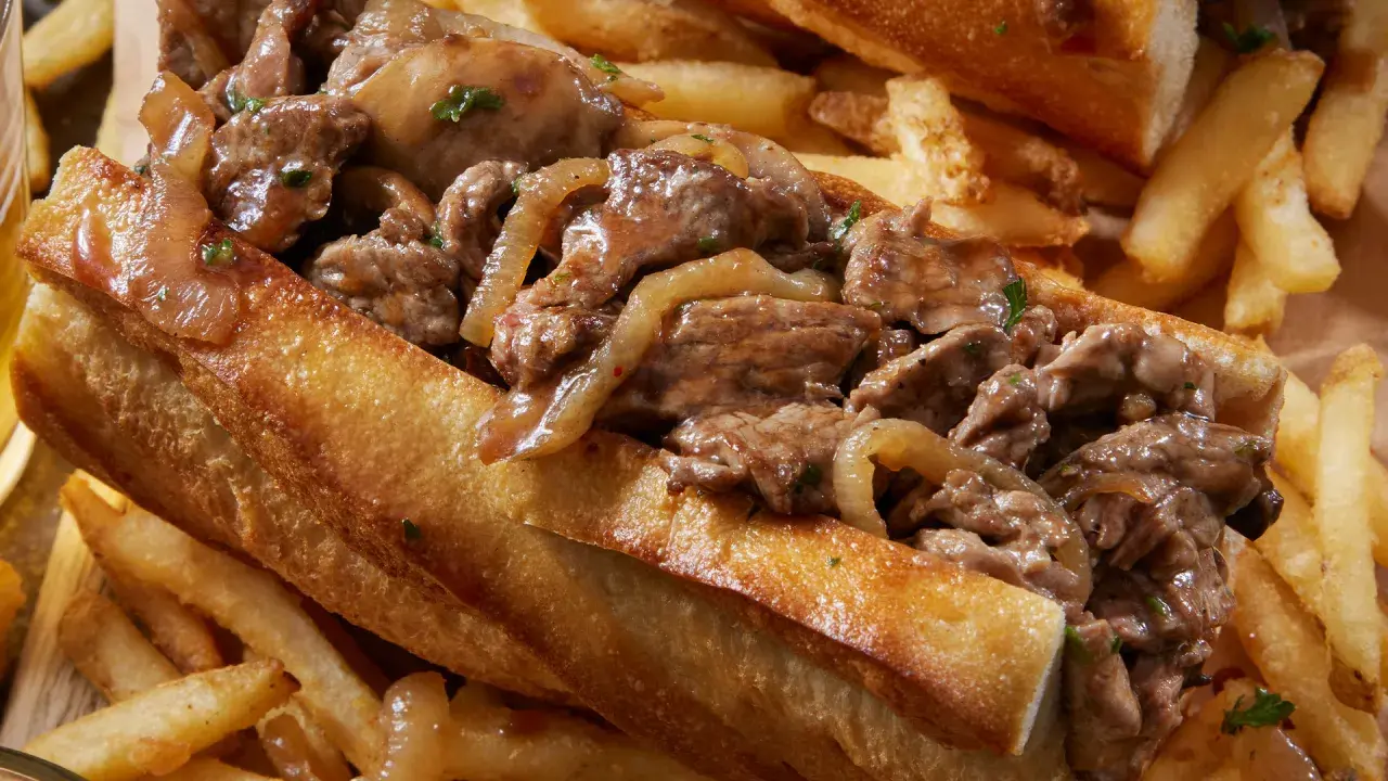 Un delicioso pepito de ternera jugoso, relleno de tiernos trozos de carne y cebolla caramelizada, acompañado de crujientes patatas fritas.