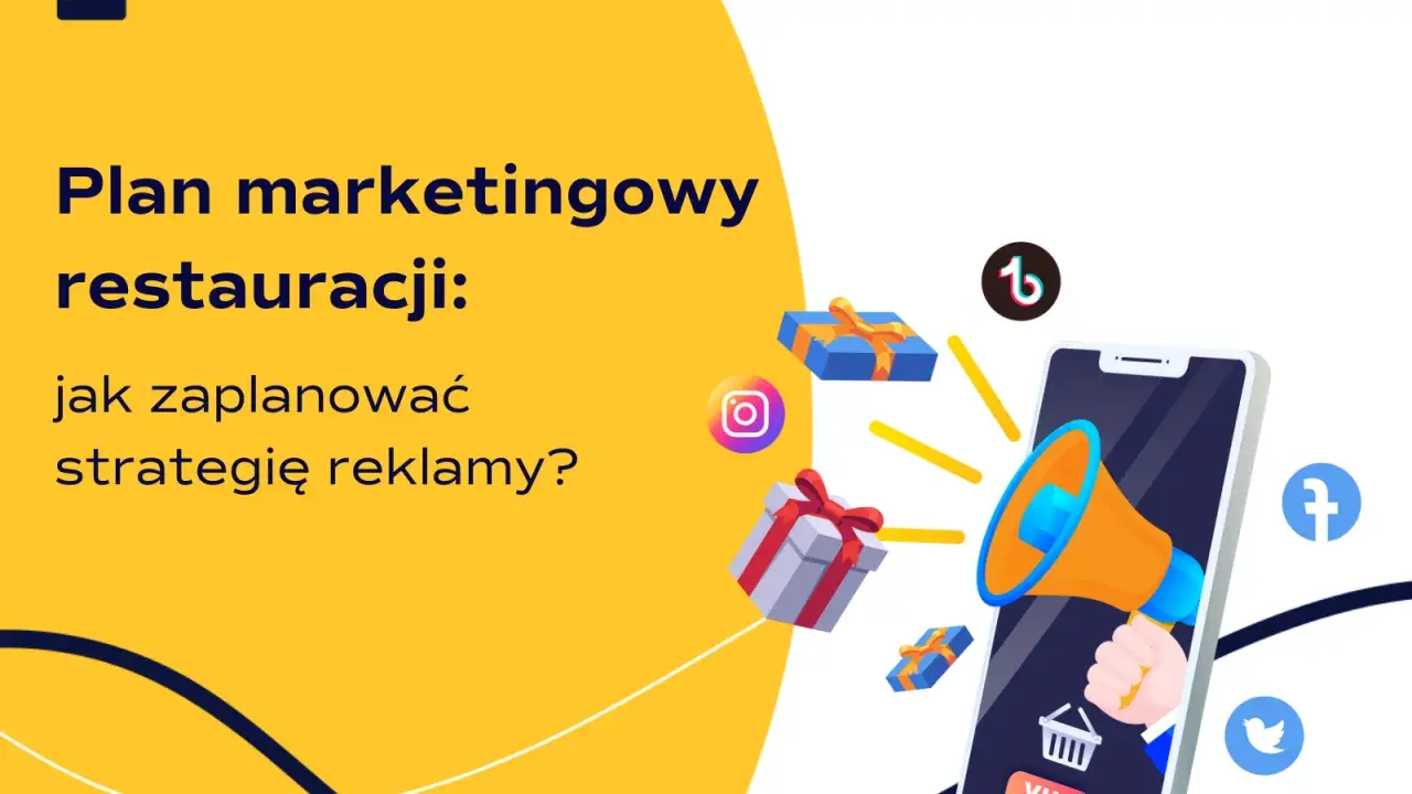 Plan marketingowy restauracji: jak zaplanować strategię reklamy? Grafika pokazuje telefon z głośnikiem, prezenty i ikony mediów społecznościowych.