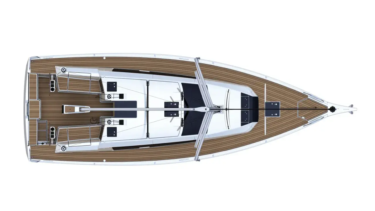 Vue aérienne d'un voilier Dufour 390. La fiche technique de ce bateau de plaisance est détaillée.