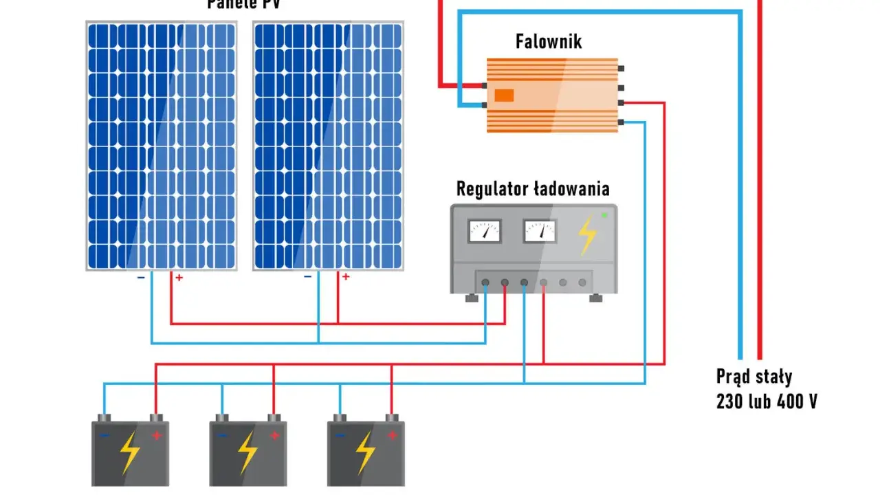 Schemat magazynu energii off grid: panele PV, regulator ładowania, falownik i akumulatory tworzą niezależny system zasilania.