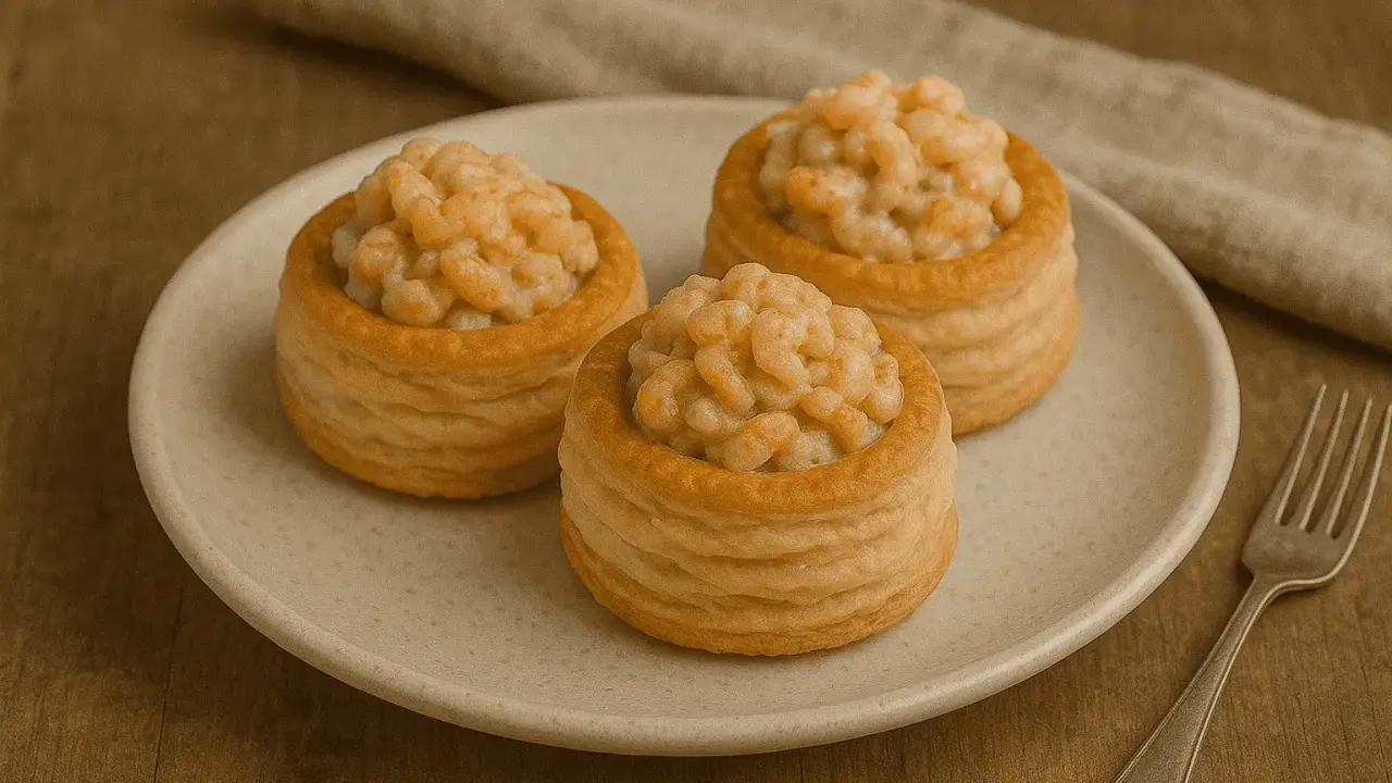 Trzy puszyste vol-au-vent z krewetkami na talerzu, gotowe do degustacji.