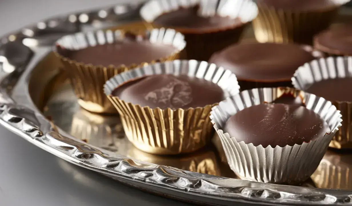 En bricka med hemgjorda ischokladpraliner i guldfärgade pappersformar. Perfekt för ett enkelt ischoklad recept.