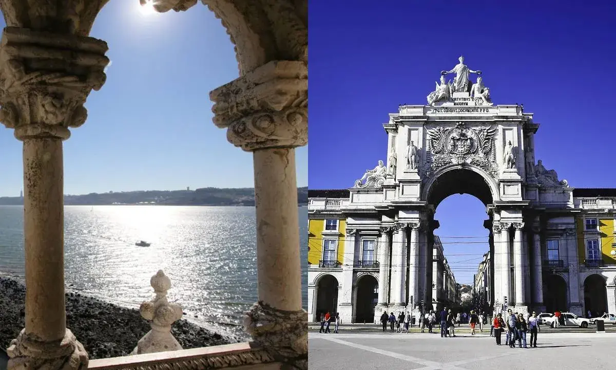 Zwei Ansichten von Lissabon: ein sonniger Blick auf das Meer durch einen steinernen Torbogen und der Triumphbogen Rua Augusta.