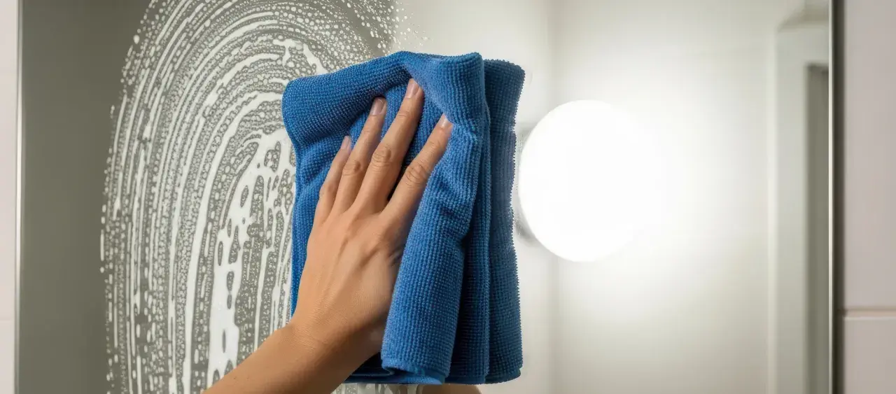 Hand putzt Spiegel mit blauem Mikrofasertuch. Perfekt für welche Lappen zum Bad putzen.