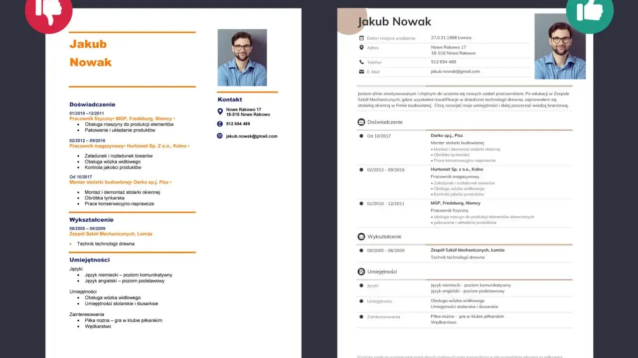 CV Jakuba Nowaka z opisem doświadczenia zawodowego, wykształcenia i umiejętności. Definicja pracy zawodowej jest tu widoczna w kontekście jego dotychczasowych obowiązków.