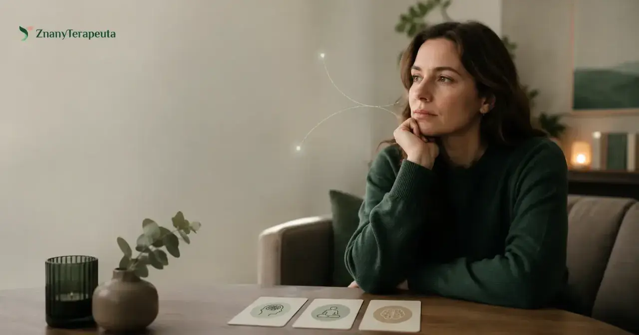 Kobieta zamyślona przy stole, na którym leżą karty z symbolami. Może to być sesja z terapeutą lub psychologiem.