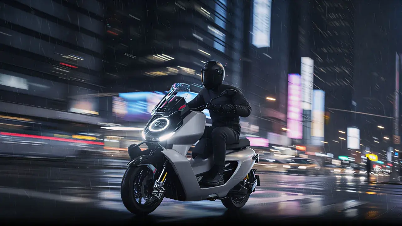 Un motard en casque noir file sur une trottinette électrique futuriste sous une pluie battante, les lumières de la ville floues en arrière-plan.