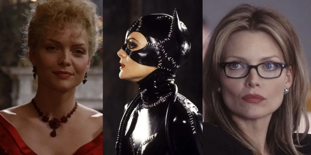 Michelle Pfeiffer i tre ikoniska roller: som en elegant dam, som den legendariska Catwoman och som en kvinna med glasögon. Filmer med Michelle Pfeiffer.
