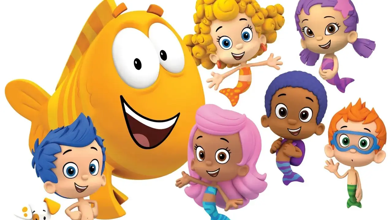 Wesoły bąbelkowy świat gupików: Molly, Gil, Deema, Oona, Goby, Nonny i piesek Bubble Puppy.