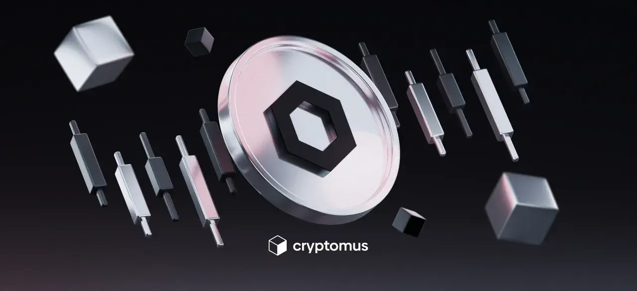 Srebrna moneta z symbolem kryptowaluty, świece wykresu i kostki. Analiza chainlink prognozy.