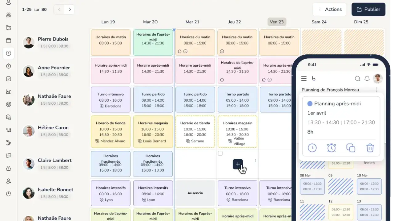 Un planificateur d'application affiche un calendrier hebdomadaire avec des horaires pour plusieurs employés. Une vue mobile montre un planning détaillé.