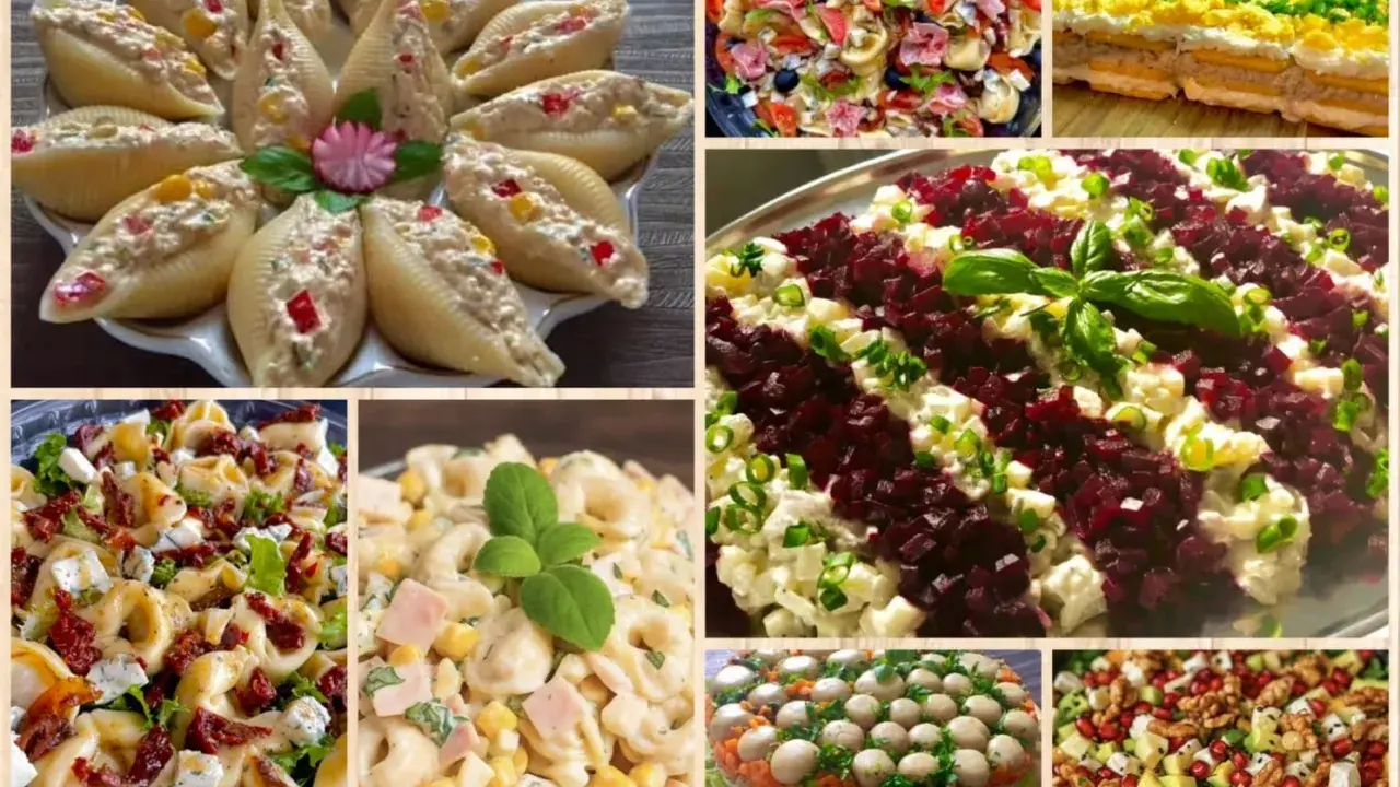 Kolaż zdjęć z różnymi sałatkami i surówkami: faszerowane muszle, tortellini, sałatka z buraków, sałatka z makaronem i kukurydzą, tort warstwowy i sałatka z owocami.