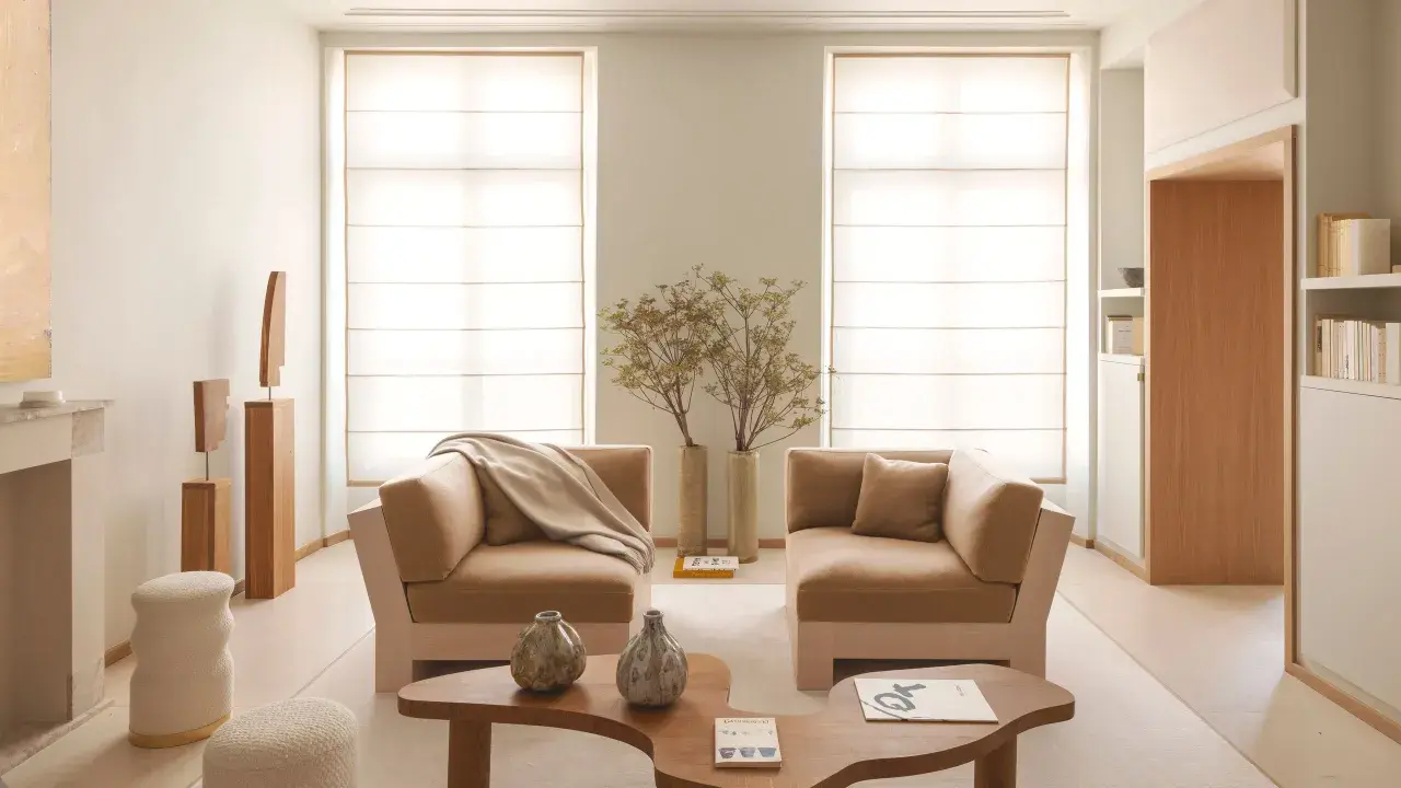 Soggiorno in stile feng shui casa: divani accoglienti, vasi decorativi e sculture in legno creano un'atmosfera serena e armoniosa.