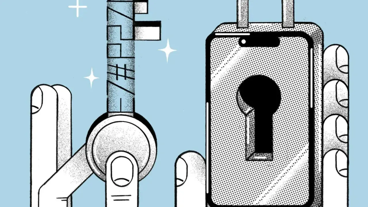 Ein Finger hält einen Schlüssel mit der Aufschrift "VERZWEIFELT", während eine andere Hand ein Smartphone mit einem Schloss hält. Ein Versuch, ein Konto zu hacken, ist im Gange.