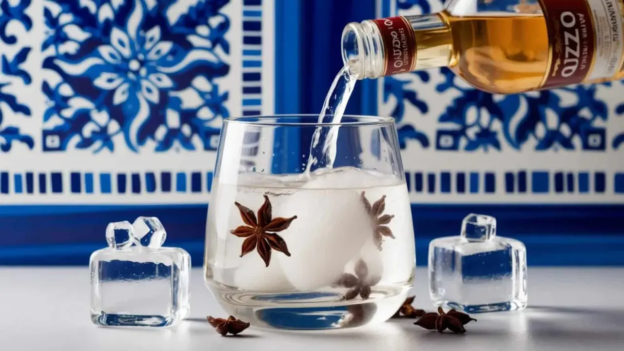Ouzo wird in ein Glas mit Eis und Sternanis gegossen. Der Ouzo-Prozent-Gehalt ist hoch.