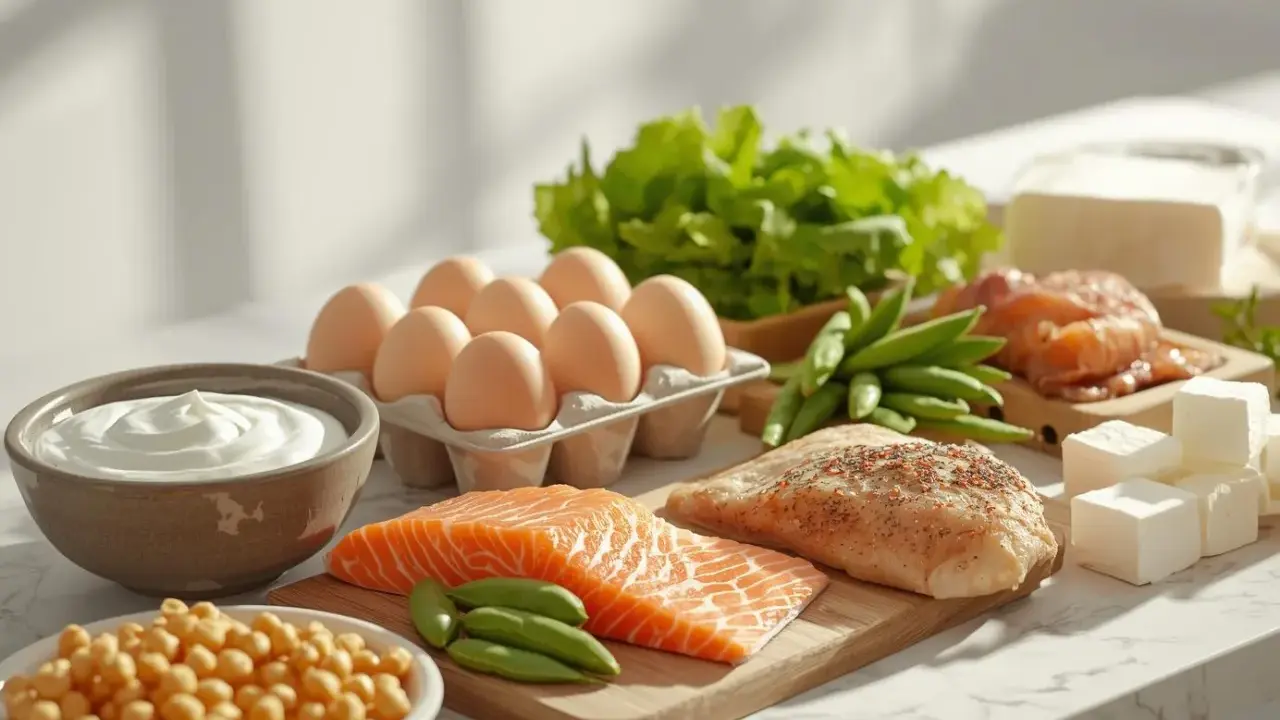 Zdrowe produkty bogate w białko: łosoś, kurczak, jajka, jogurt, ciecierzyca, fasolka, ser. Kluczowe składniki dla diety zapobiegającej sarkopenii.