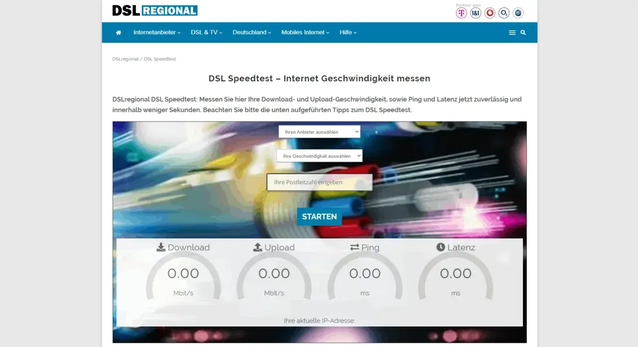 Internet langsam? Was tun? DSLregional Speedtest misst Download, Upload, Ping & Latenz. Eingabe von Anbieter, Geschwindigkeit & PLZ.