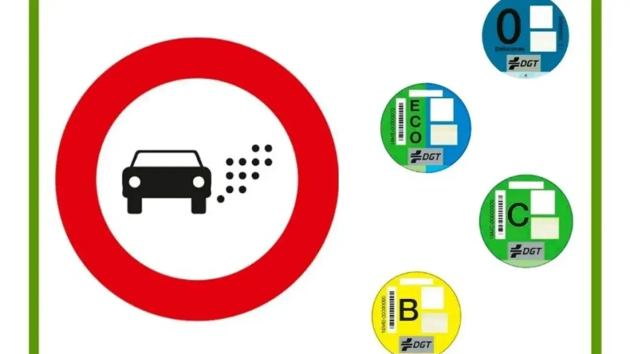 Señal de prohibición de circulación de vehículos contaminantes. Pegatinas DGT de emisiones: 0, ECO, C, B. ZBE Murcia.