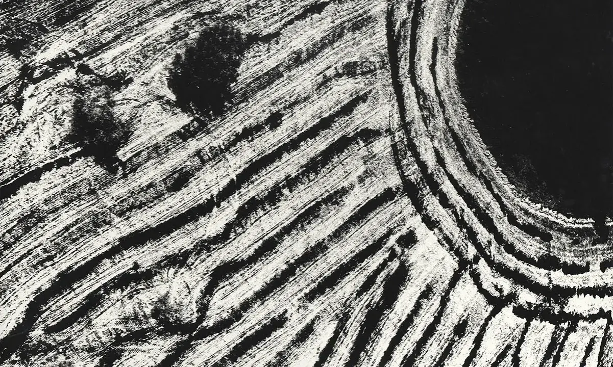 Campi arati visti dall'alto, un'opera di Mario Giacomelli. Le striature bianche e nere creano un paesaggio astratto e dinamico.