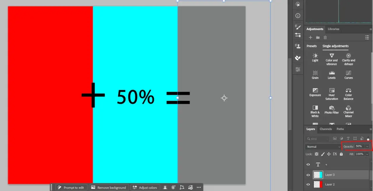 Rosso e ciano, **colori complementari**, uniti al 50% creano un grigio neutro, come mostrato nell'interfaccia di un software di editing.