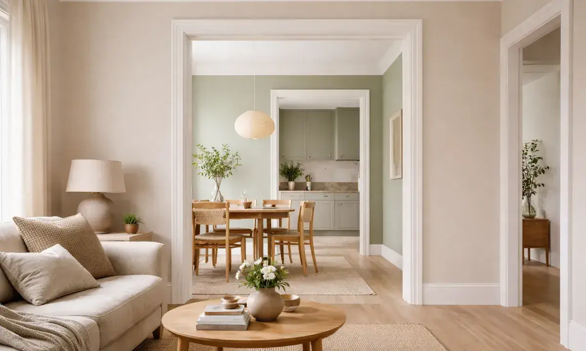 En ljus och harmonisk inredning med en bekväm soffa, ett runt soffbord och en matplats med gröna väggar.