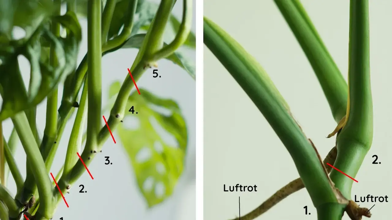 Detaljerad bild som visar hur man tar en monstera stickling. Röda linjer markerar var man ska klippa för att få en lyckad stickling.