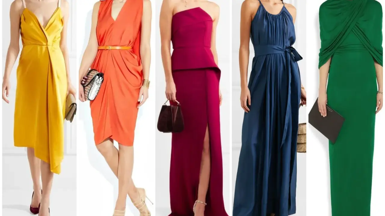 Cinque abiti da donna con un perfetto abbinamento colori: giallo ocra, arancione corallo, fucsia, blu notte e verde smeraldo.