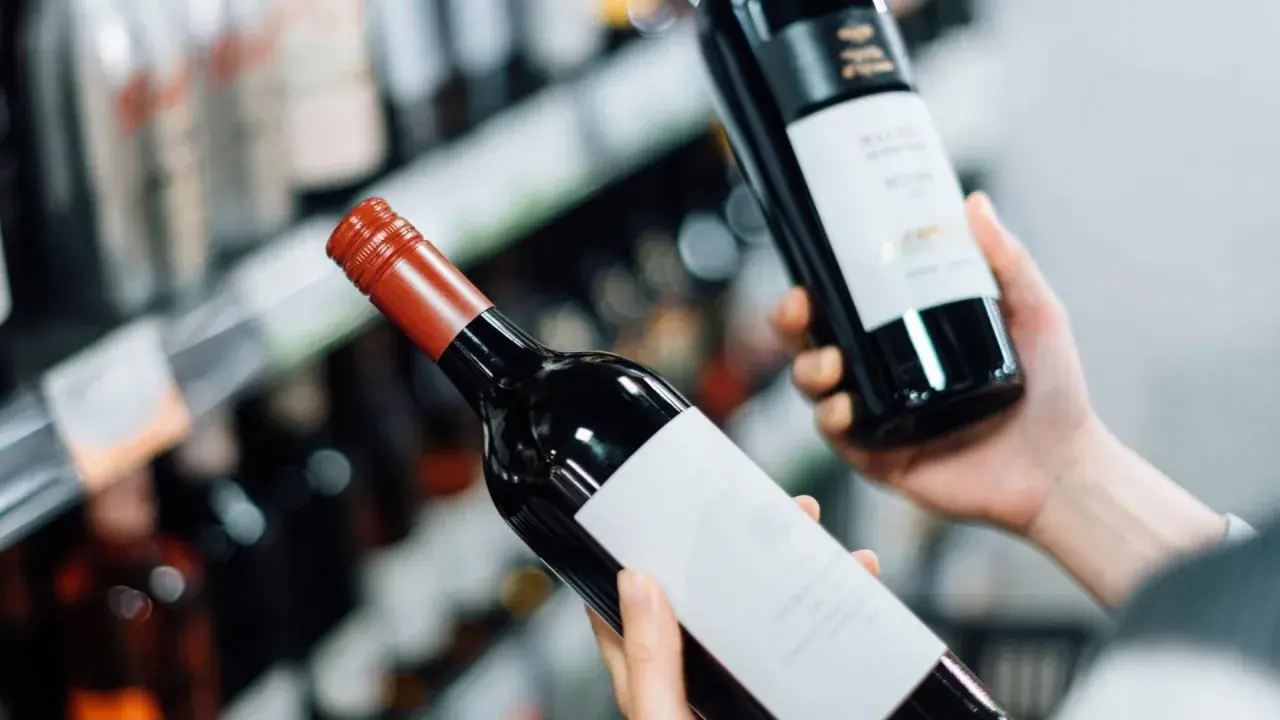 Manos sostienen dos botellas de vinos caros, una con etiqueta blanca y otra con etiqueta negra, en un pasillo de supermercado.