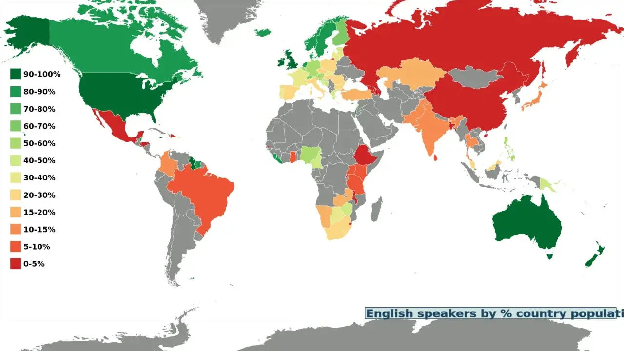 Mapa świata pokazująca odsetek osób mówiących po angielsku w każdym kraju. Zielony oznacza wysoki odsetek, czerwony niski.