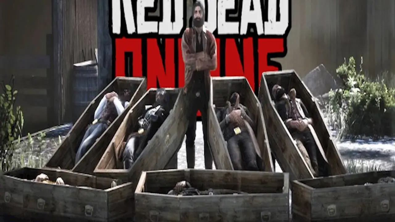 Mężczyzna stoi obok otwartych trumien z ciałami. To scena z gry Red Dead Online.