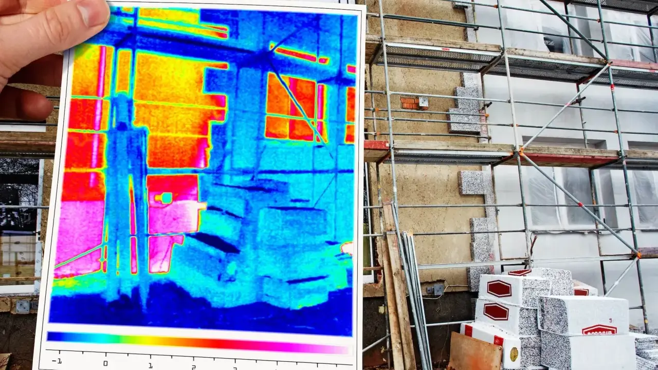 Thermografie untersuchung zeigt Wärmeverlust an einem Gebäude mit Gerüst. Farbige Darstellung von Temperaturunterschieden.