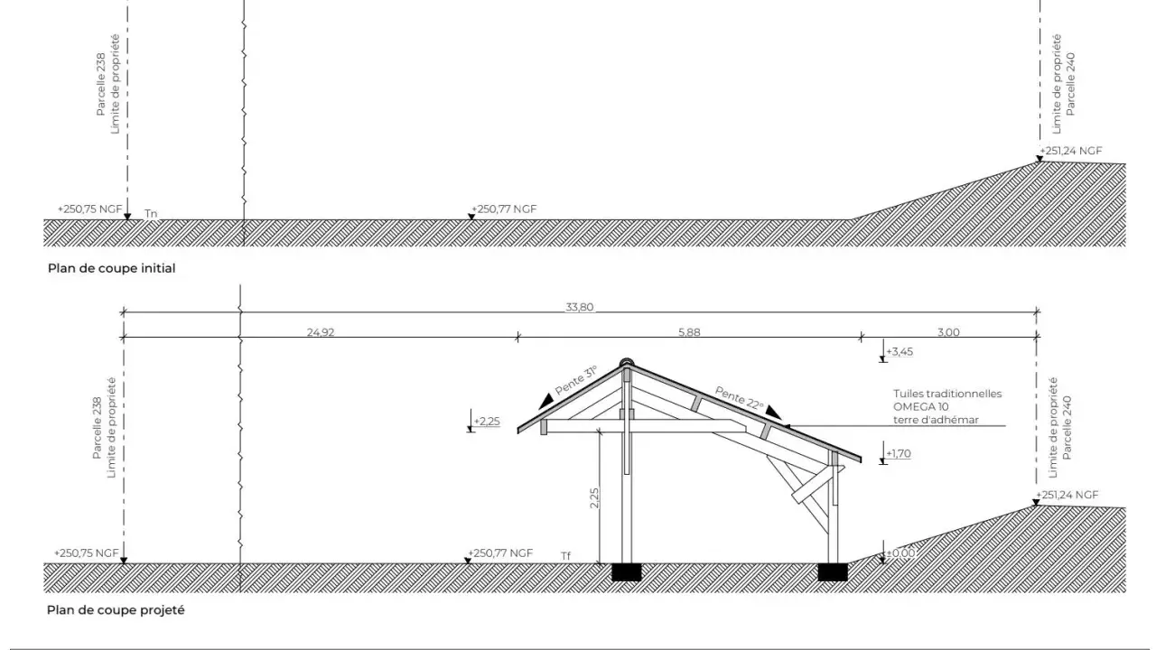 Plan de coupe projeté d'un carport, exemple pour permis de construire. Le projet modifie le terrain pour l'installation.