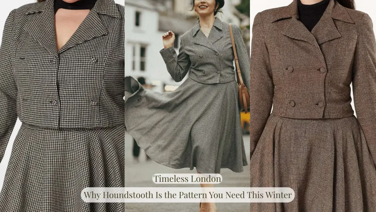 Houndstooth suits are trending patterns for a timeless London winter look.