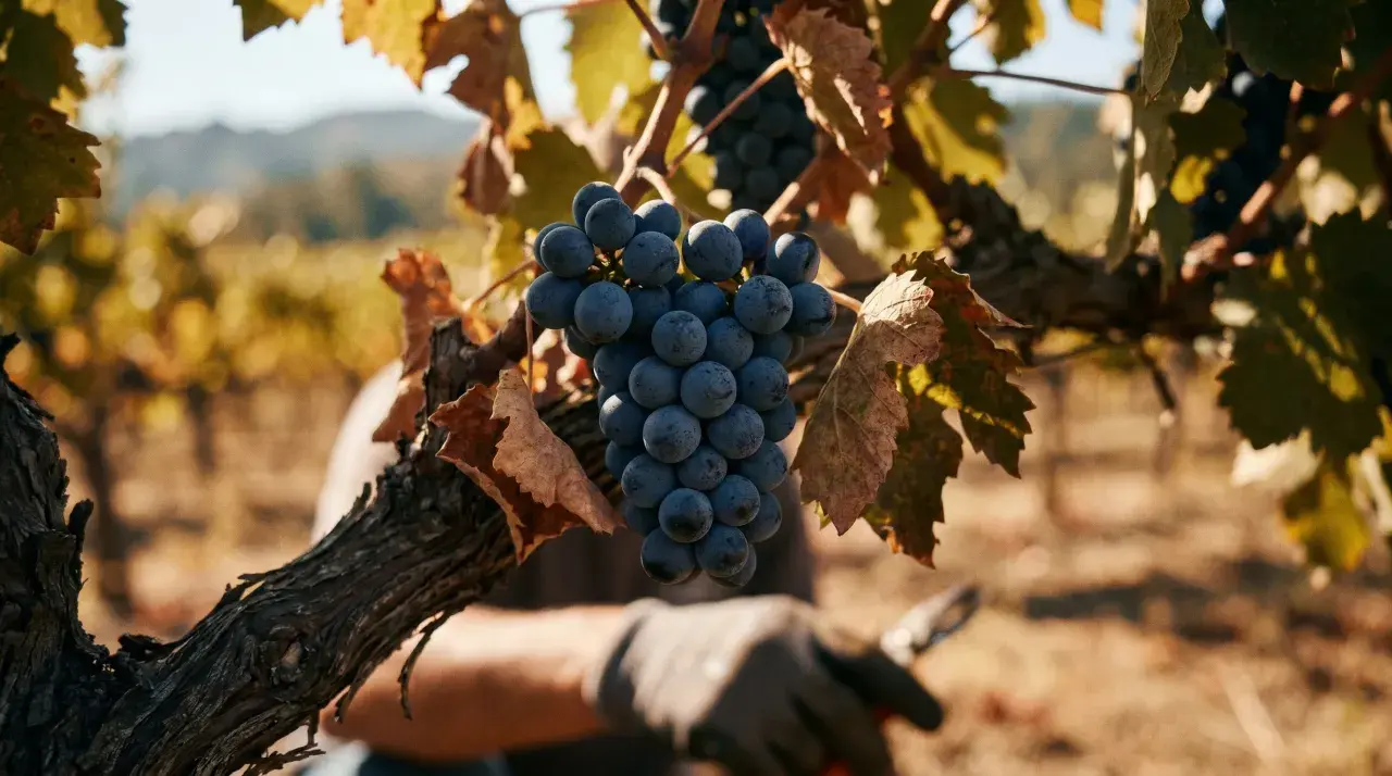 Reife Pinot Noir Trauben hängen am Rebstock, bereit zur Ernte. Ein Winzer mit Handschuhen hält eine Gartenschere im Hintergrund.