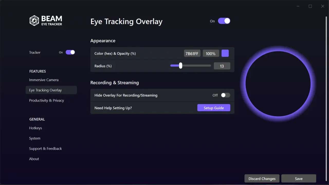 Ustawienia nakładki Eye Tracking Overlay. Możesz dostosować kolor, promień i ukryć nakładkę podczas nagrywania.
