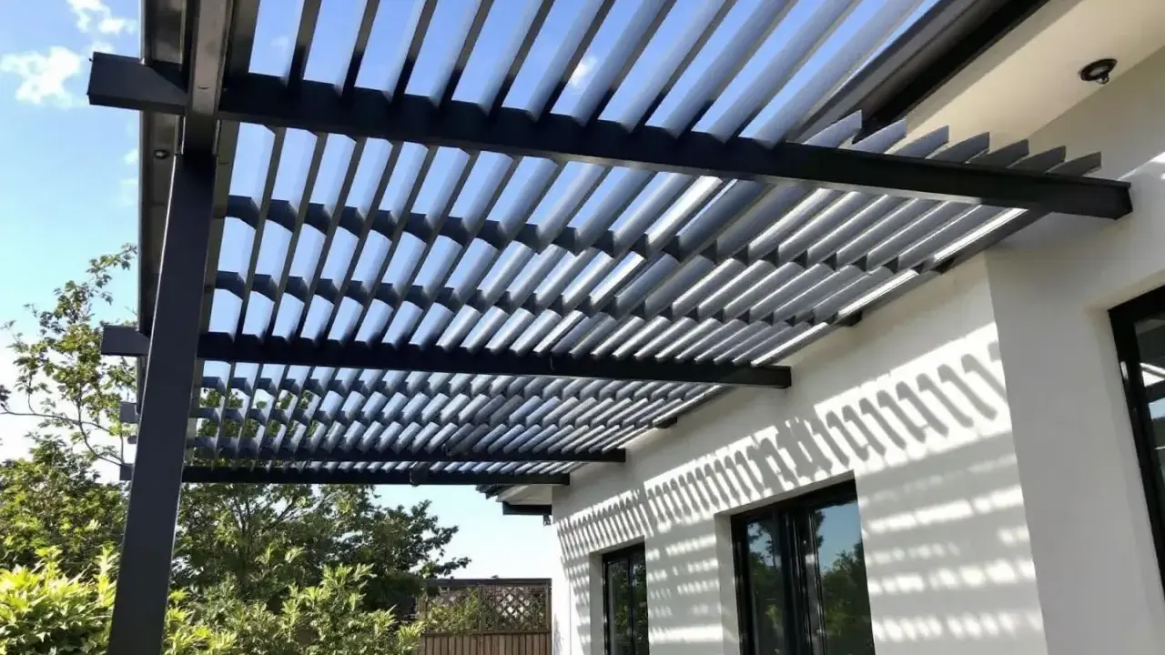 Ombre et lumière sur une maison moderne grâce à l'orientation des lames d'une pergola bioclimatique.