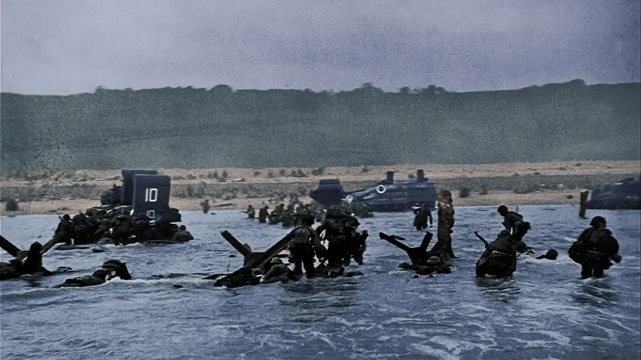 Soldati avanzano nell'acqua durante lo sbarco in Normandia. Un fotografo immortalò questo momento storico.