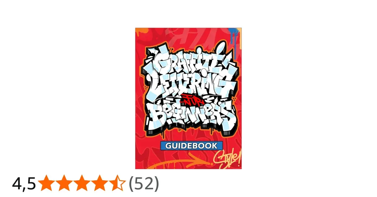 Enkel graffiti-guidebok med titeln "Graffiti Lettering for Beginners". Röd bakgrund med vita och blå bokstäver.
