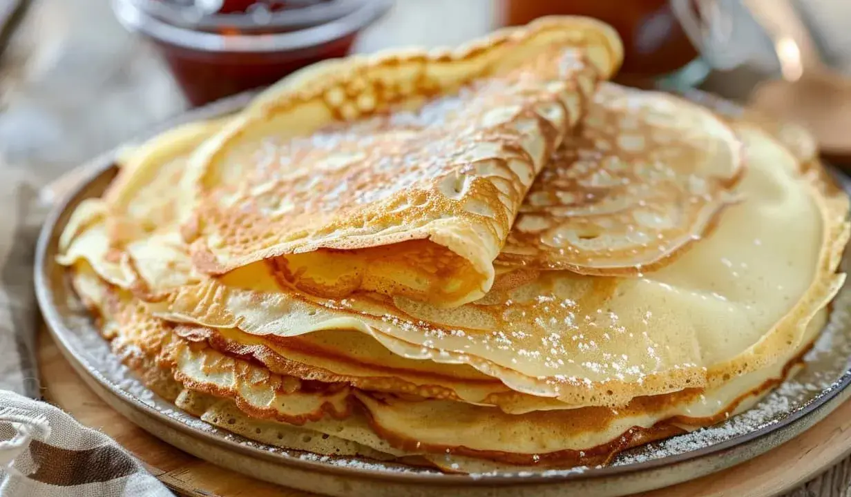 En hög med gyllene tunna pannkakor, pudrade med florsocker, redo att avnjutas med sylt och honung.
