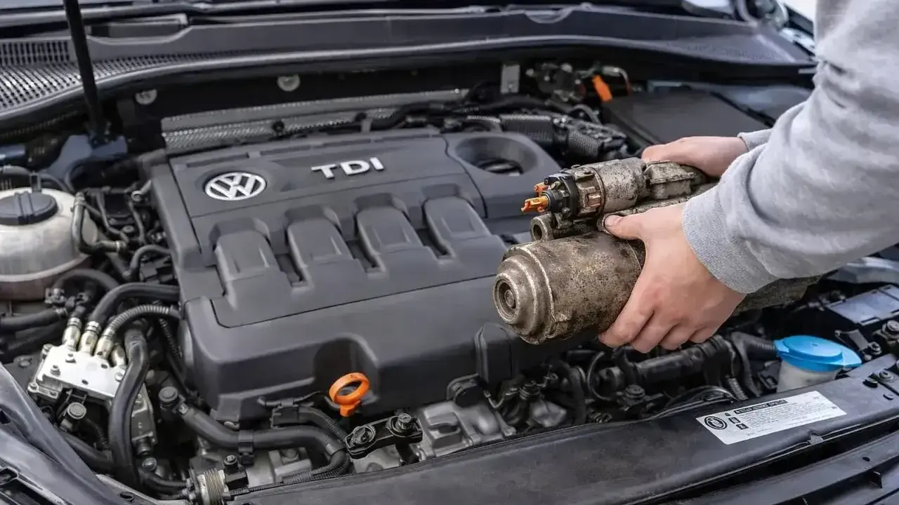 Ręce trzymają zużyty rozrusznik, gdy samochód nie chce odpalić. Widoczny silnik TDI Volkswagena.