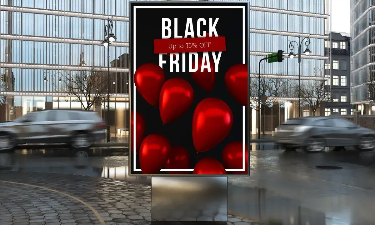 Plakaty do wydruku z napisem "BLACK FRIDAY" i czerwonymi balonami. Promocja do 75% OFF.