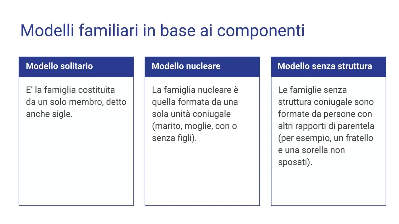 Il **concetto di famiglia** illustrato in tre modelli: solitario (un membro), nucleare (coppia con o senza figli) e senza struttura (altri parenti).