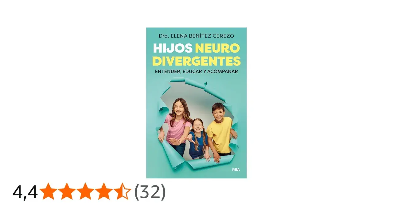 Libro "Hijos Neuro Divergentes" de Dra. Elena Benítez Cerezo, con tres niños sonriendo a través de un agujero.